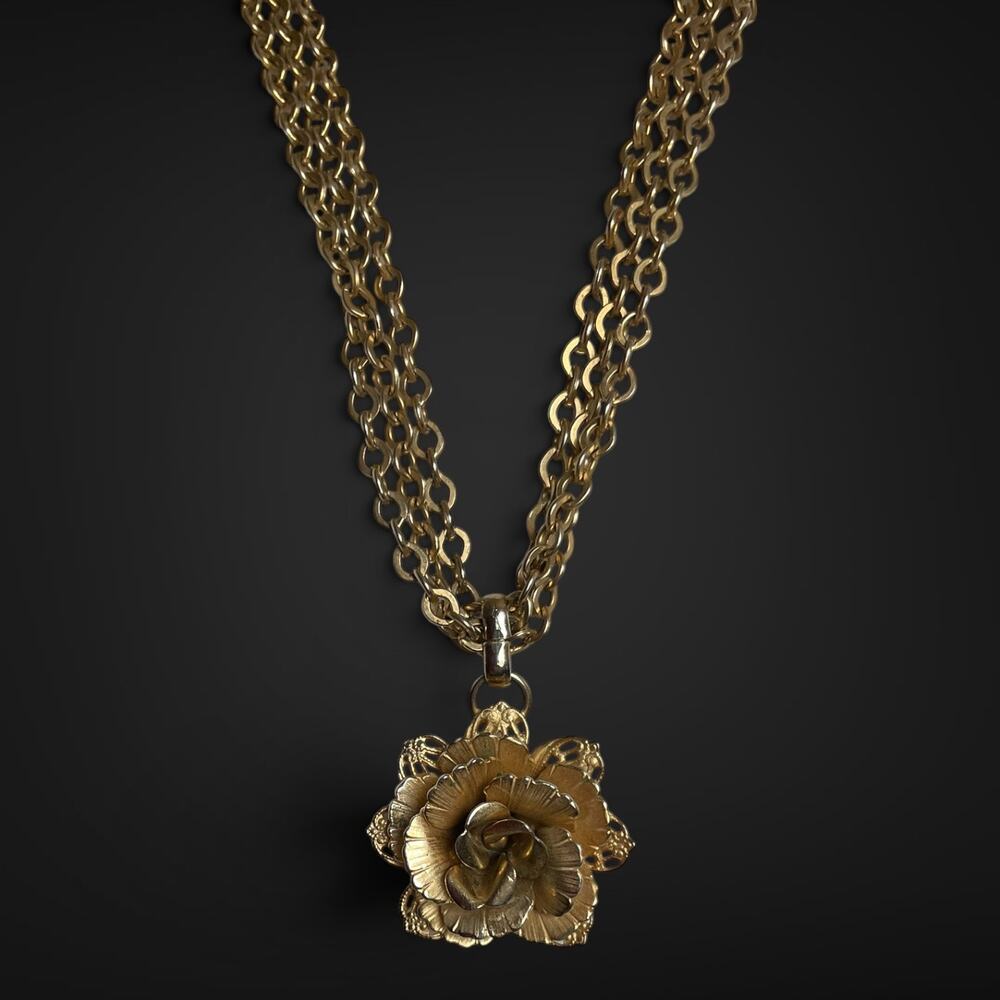 Vintage 1960s Giovanni Gold Tone Rose Pendant Multi Strand Chain Necklace 26"